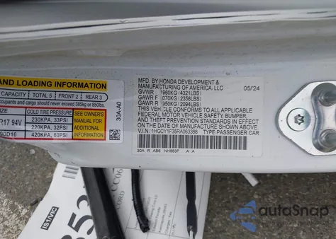 2024 Honda Accord Ex z USA, uszkodzony, nr VIN 1HGCY1F35RA063388